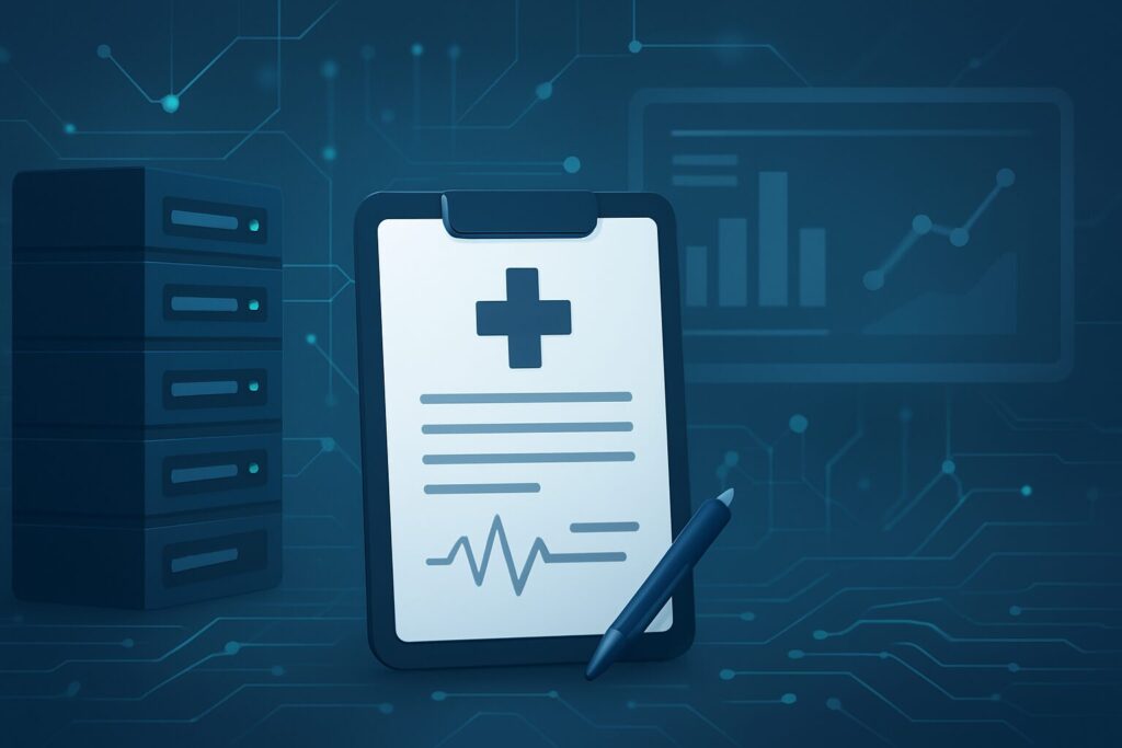 Digital representation of a medical clipboard and data analytics with a server background