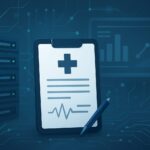 Digital representation of a medical clipboard and data analytics with a server background