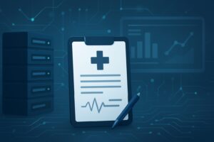 Digital representation of a medical clipboard and data analytics with a server background