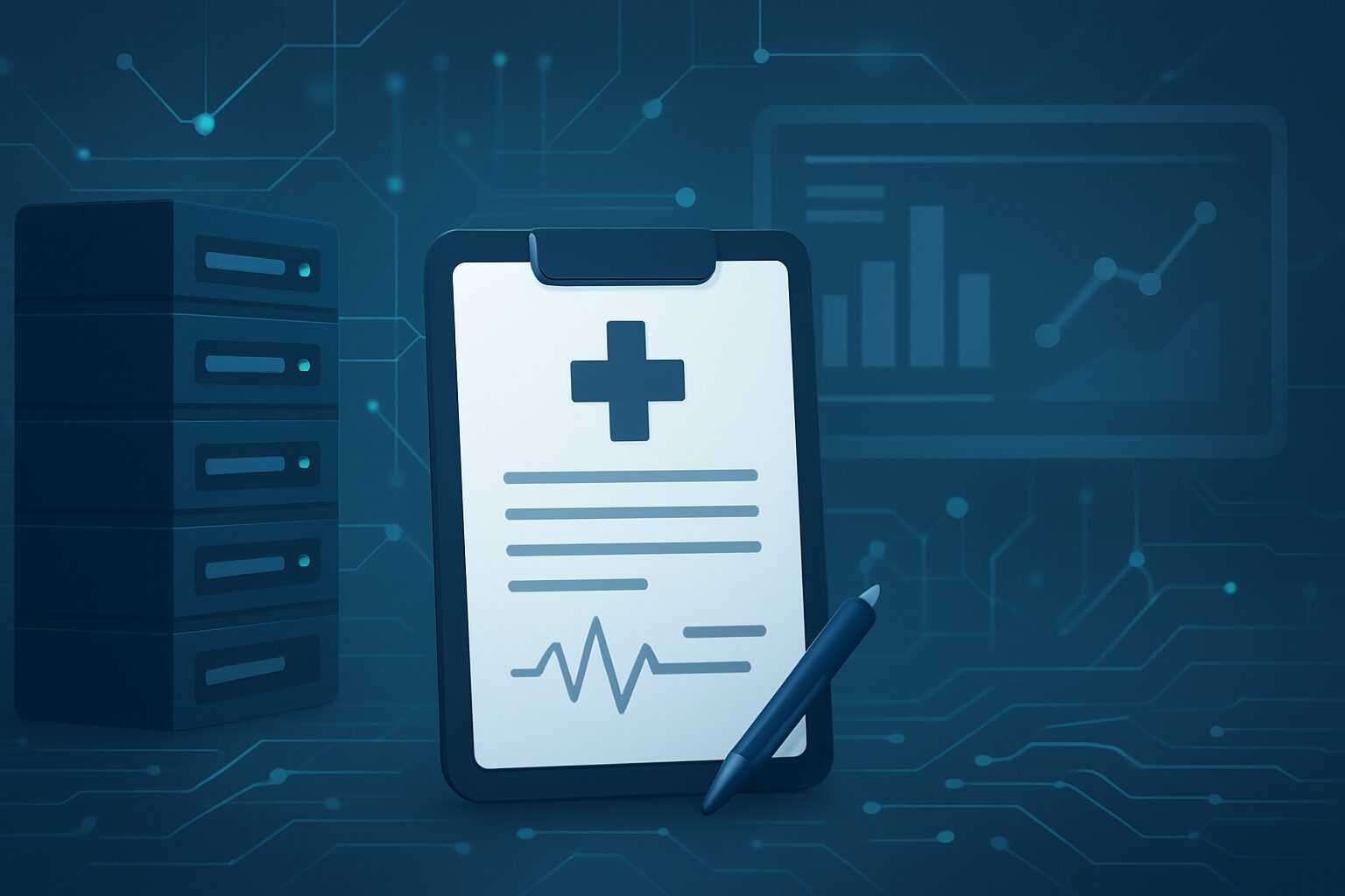 Digital representation of a medical clipboard and data analytics with a server background