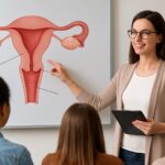 A woman pointing at an anatomical diagram of the uterus while teaching a group of students.