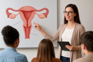 A woman pointing at an anatomical diagram of the uterus while teaching a group of students.