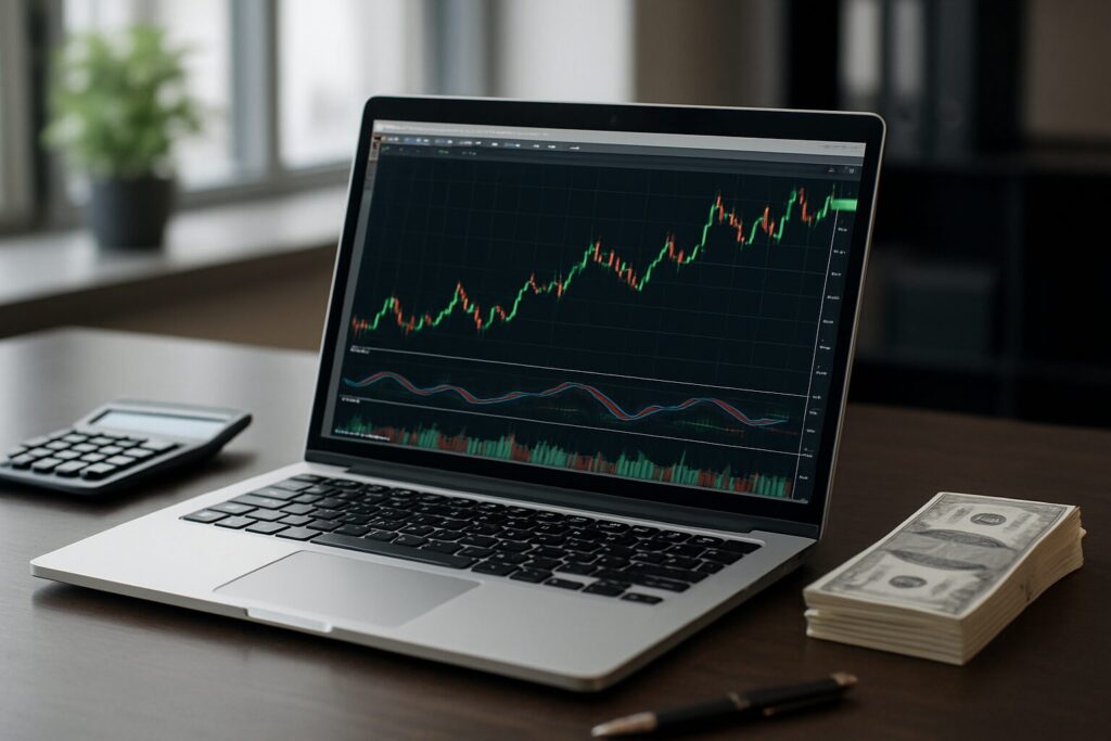 A laptop displaying trading charts with cash and a calculator nearby