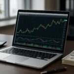 A laptop displaying trading charts with cash and a calculator nearby