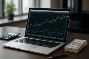 A laptop displaying trading charts with cash and a calculator nearby