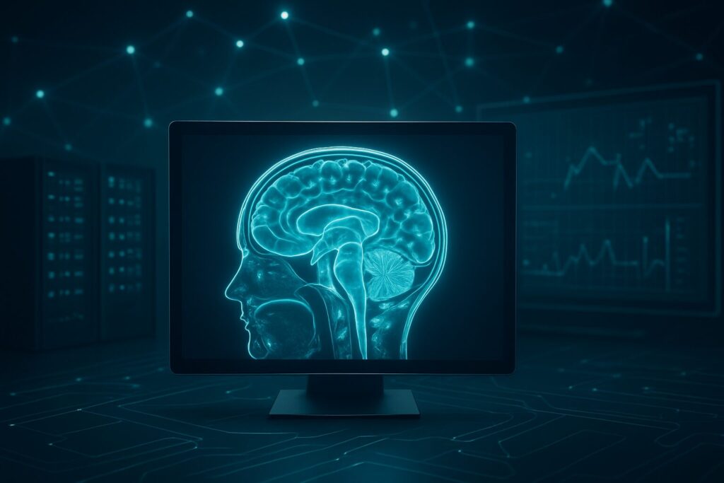 A stylized image of a human brain displayed on a computer monitor with data visualization in the background.