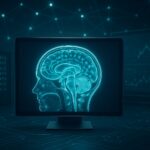 A stylized image of a human brain displayed on a computer monitor with data visualization in the background.