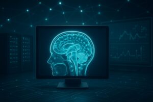 A stylized image of a human brain displayed on a computer monitor with data visualization in the background.