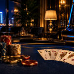 A glamorous casino setting with poker chips and playing cards on a table, illuminated by soft lighting and a view of cit