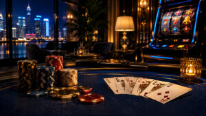 A glamorous casino setting with poker chips and playing cards on a table, illuminated by soft lighting and a view of cit