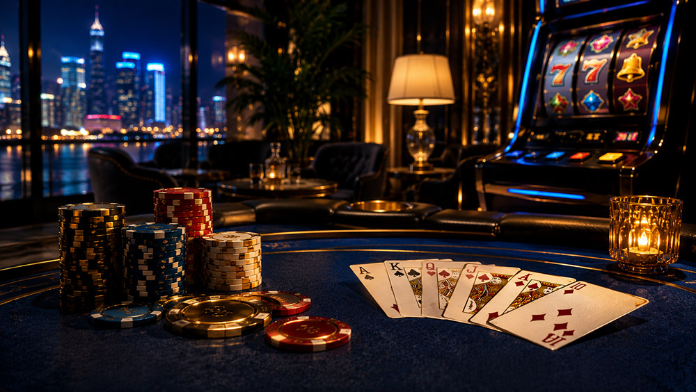 A glamorous casino setting with poker chips and playing cards on a table, illuminated by soft lighting and a view of cit